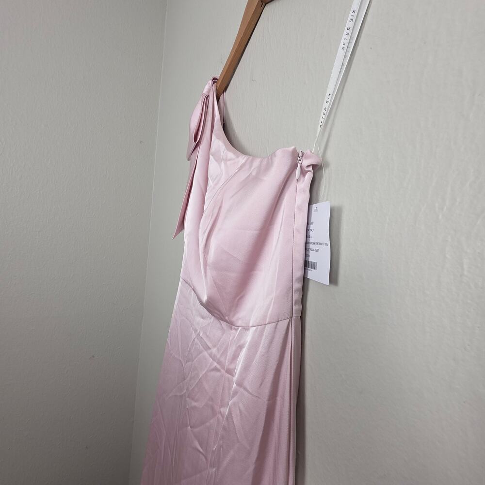 NWT After Six Bow One Shoulder Fluid Satin Maxi Dress Full Skirt Ballet Pink XS - Picture 6 of 14
